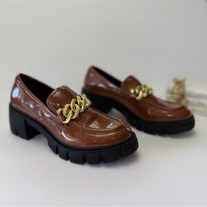 Madden Girl Brown Patent Leather Chunky Loafers Gold Chain Detail Women’s Shoes